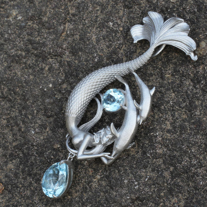Dreamy Ocean Mermaid Pendant in 925 Sterling Silver with Aquamarine | Handmade Teardrop Necklace for Emotional Healing & Ocean Lovers