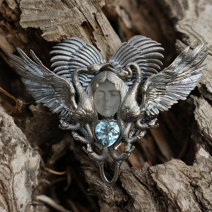 Forest Goddess Pendant | 925 Sterling Silver Handmade Jewelry | White Crystal & Sky Blue Topaz Amulet | Symbol of Purity & Protection