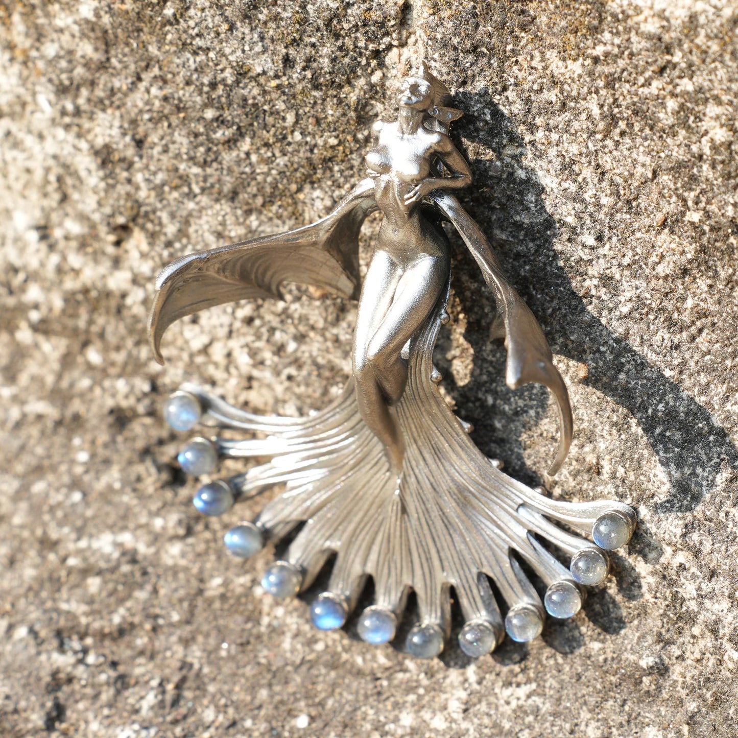 Mystical Winged Enchantress Pendant | 925 Sterling Silver Fantasy Necklace with Ghost Stone | Handcrafted Mythical Jewelry Gift for Collectors