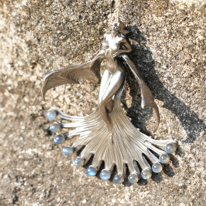 Mystical Winged Enchantress Pendant | 925 Sterling Silver Fantasy Necklace with Ghost Stone | Handcrafted Mythical Jewelry Gift for Collectors