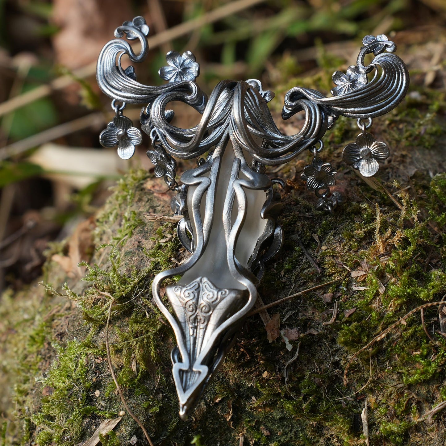 Goddess Flower Pendant with Onyx & Garnet | Handcrafted Art Nouveau Jewelry | Symbol of Beauty & Renewal