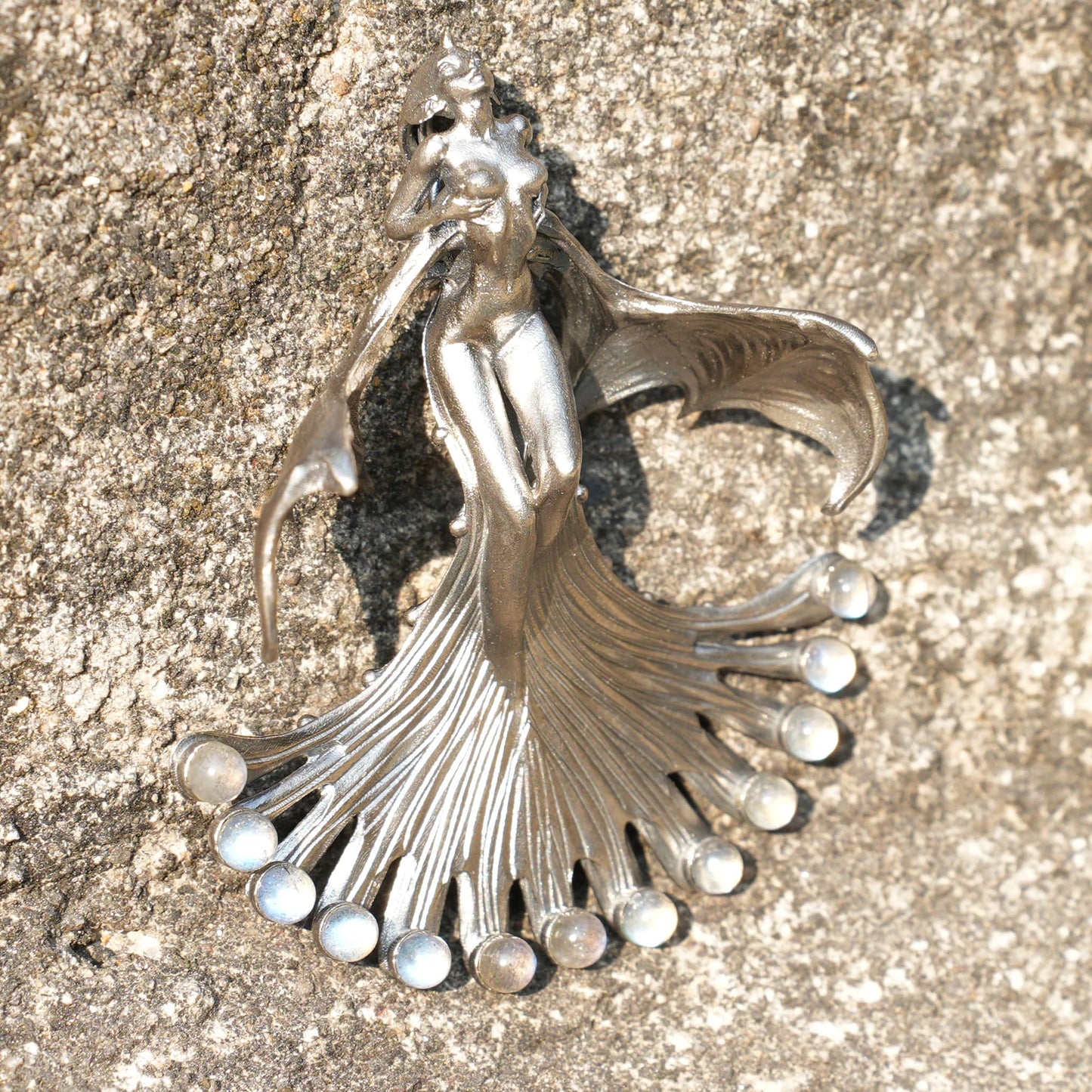 Mystical Winged Enchantress Pendant | 925 Sterling Silver Fantasy Necklace with Ghost Stone | Handcrafted Mythical Jewelry Gift for Collectors