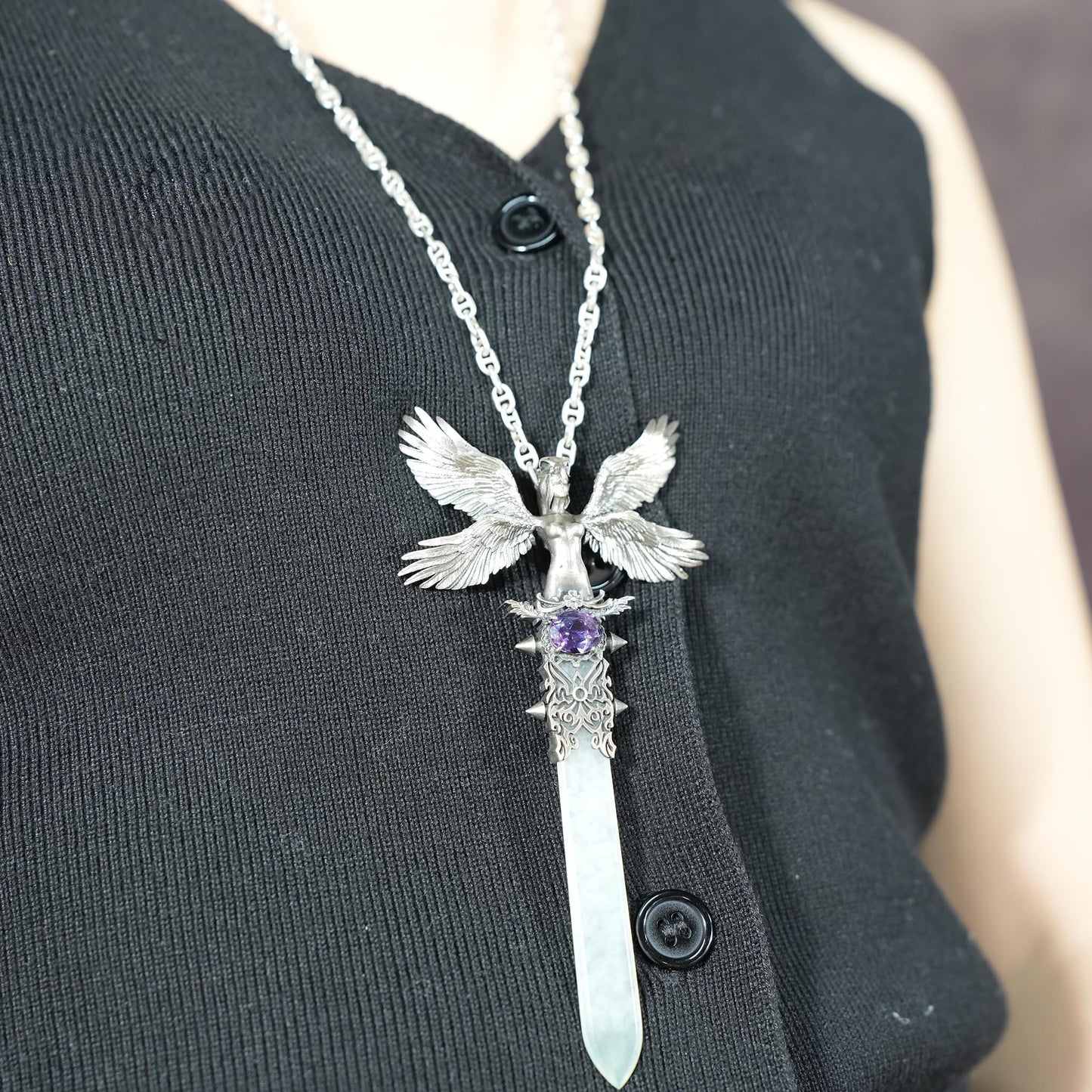 Handcrafted 925 Silver Winged Goddess Sword Pendant with Amethyst & Jade | Nordic Myth Fantasy Protection Amulet Jewelry