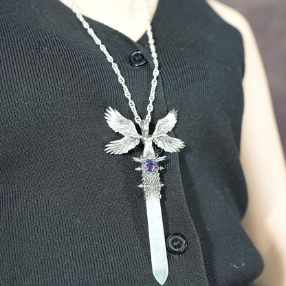 Handcrafted 925 Silver Winged Goddess Sword Pendant with Amethyst & Jade | Nordic Myth Fantasy Protection Amulet Jewelry