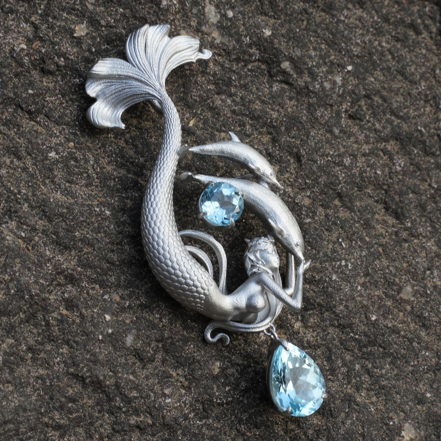 Dreamy Ocean Mermaid Pendant in 925 Sterling Silver with Aquamarine | Handmade Teardrop Necklace for Emotional Healing & Ocean Lovers