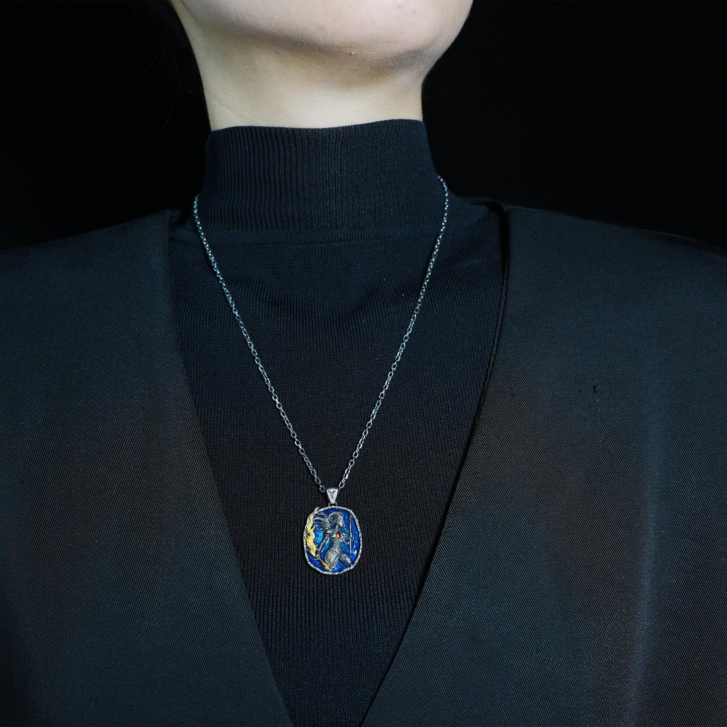 Aries Pendant in 925 Silver | Blue Enamel Medallion with Orange Zirconia | Handmade Zodiac Jewelry
