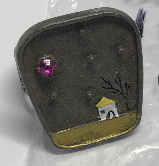 Night Cottage Scene Ring, Hand-Painted Landscape Jewelry, Artistic Statement Ring, Minimalist Healing Design
