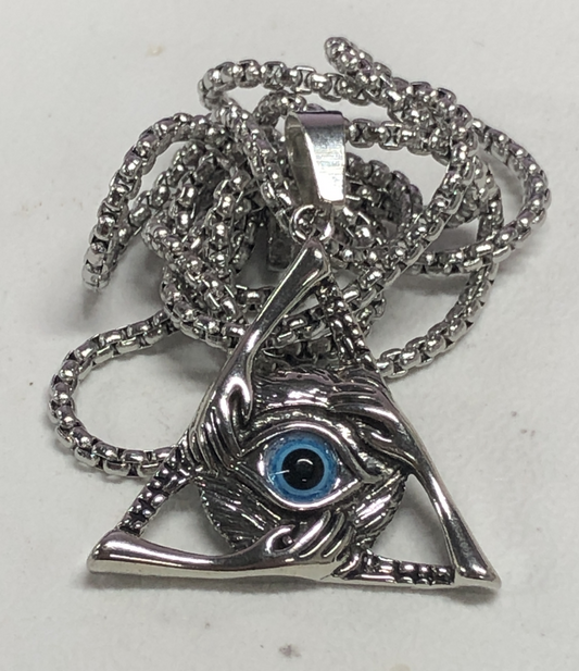 All-Seeing Eye Triangle Pendant Necklace | Mystic Amulet Zinc Alloy Jewelry with Blue Gem | Gothic Occult Unisex Protection Charm
