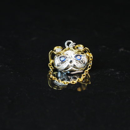 Gothic Steampunk Cat Brooch Pendant, Wise Blue-Eyed Cat with Golden Glasses, Fantasy Jewelry