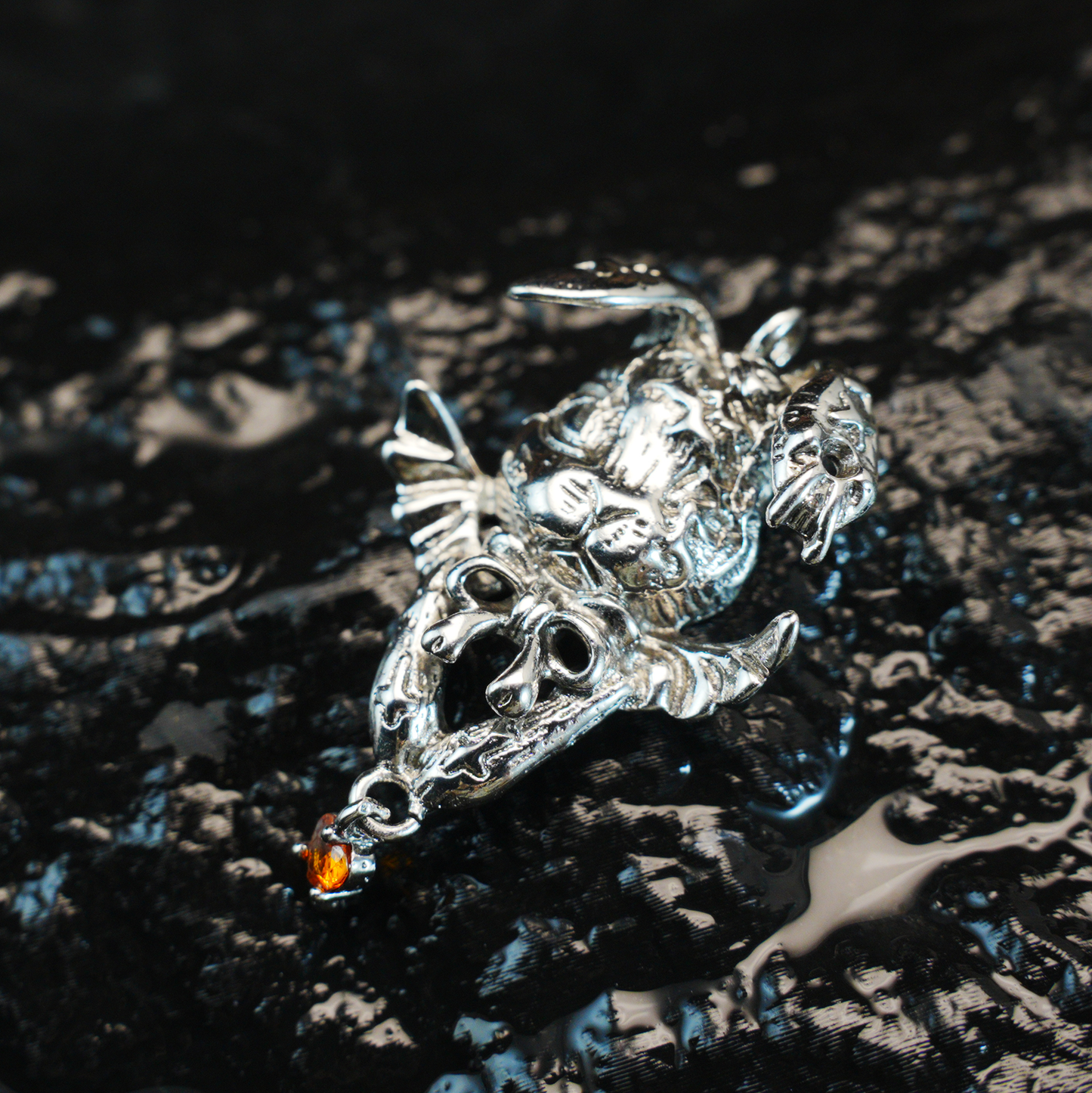 Gothic Winged Bunny Pendant, Orange Heart Gem Fantasy Rabbit Necklace, Gothic Animal Jewelry
