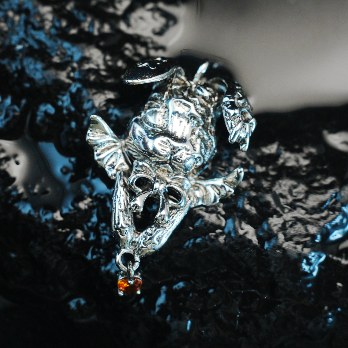 Gothic Winged Bunny Pendant, Orange Heart Gem Fantasy Rabbit Necklace, Gothic Animal Jewelry