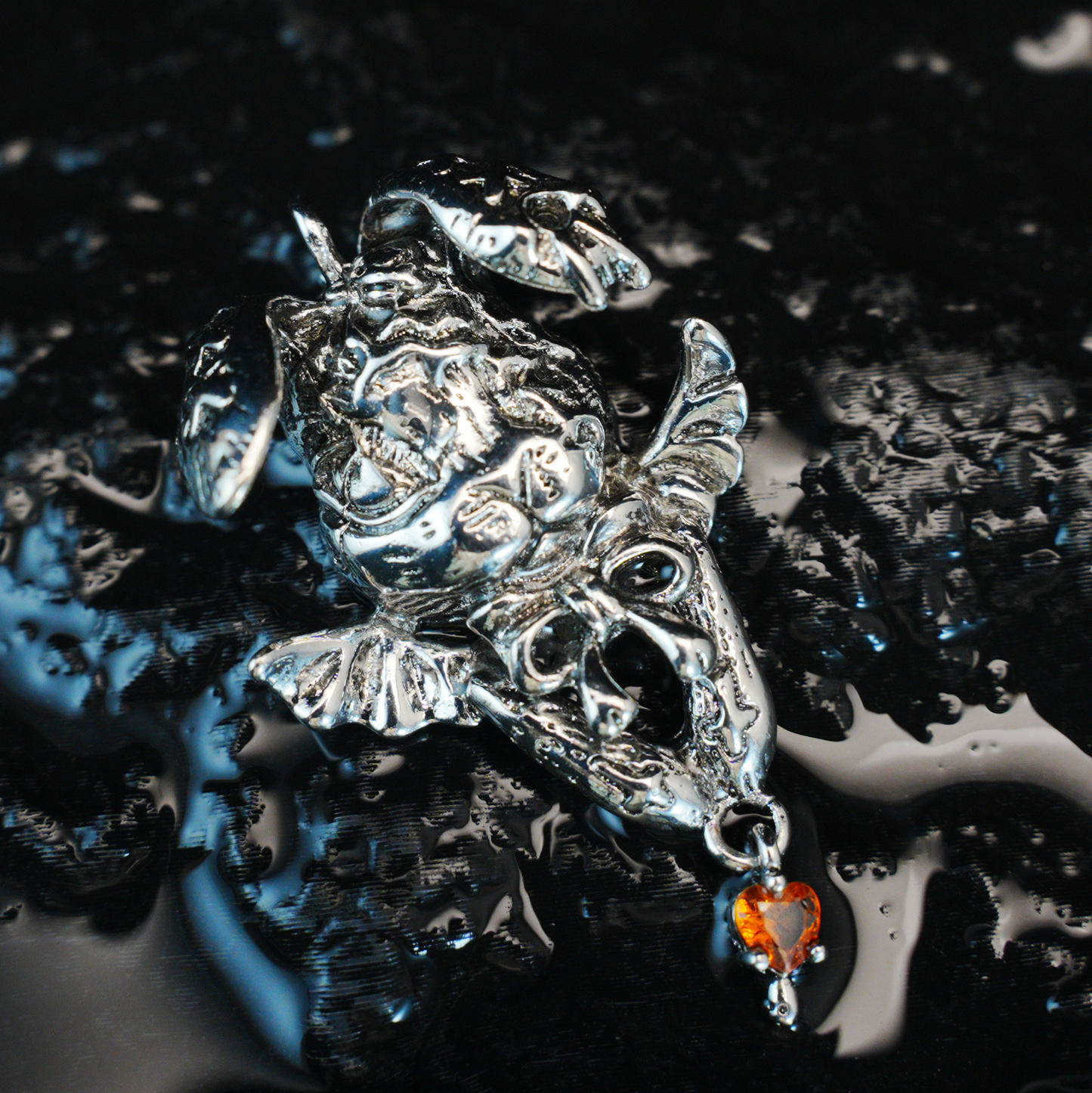 Gothic Winged Bunny Pendant, Orange Heart Gem Fantasy Rabbit Necklace, Gothic Animal Jewelry