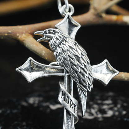Raven & Cross Gothic Pendant, Dark Gothic brass Necklace, Symbol of Fate & Mystery