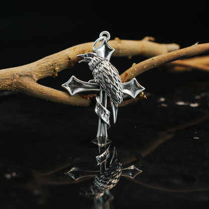 Raven & Cross Gothic Pendant, Dark Gothic brass Necklace, Symbol of Fate & Mystery