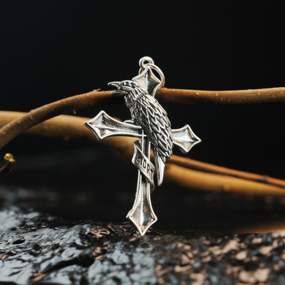 Raven & Cross Gothic Pendant, Dark Gothic brass Necklace, Symbol of Fate & Mystery