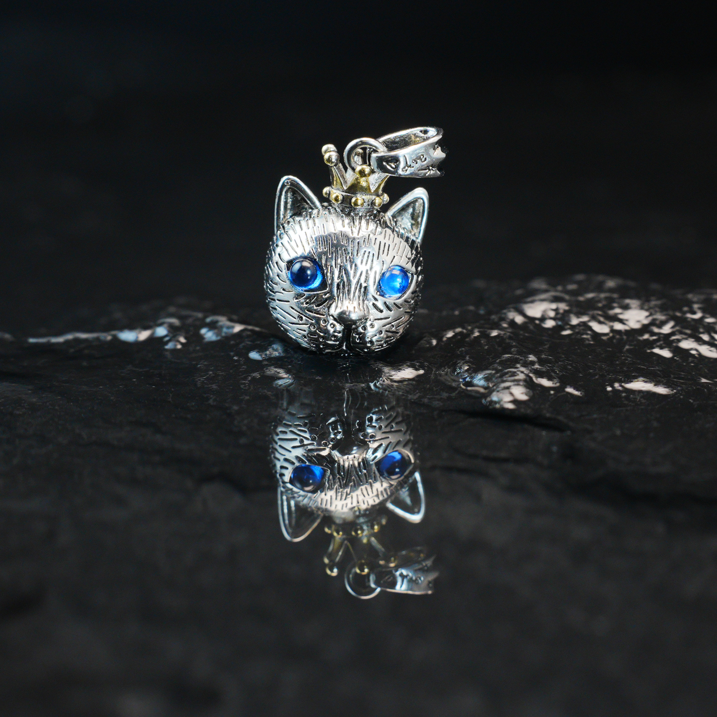 Gothic Royal Cat Pendant, Blue-Eyed Crowned Cat Necklace, Fantasy Animal Jewelry