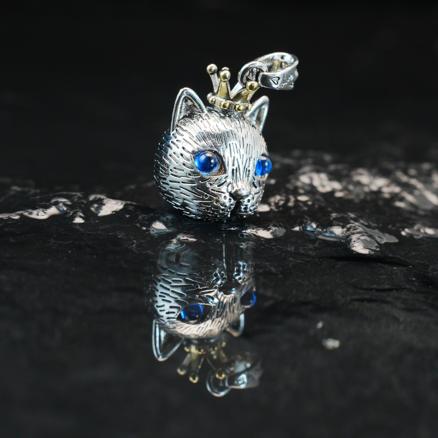 Gothic Royal Cat Pendant, Blue-Eyed Crowned Cat Necklace, Fantasy Animal Jewelry