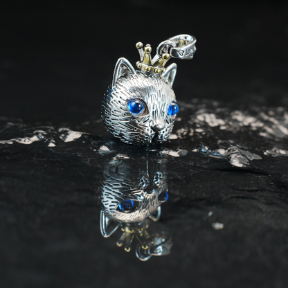 Gothic Royal Cat Pendant, Blue-Eyed Crowned Cat Necklace, Fantasy Animal Jewelry