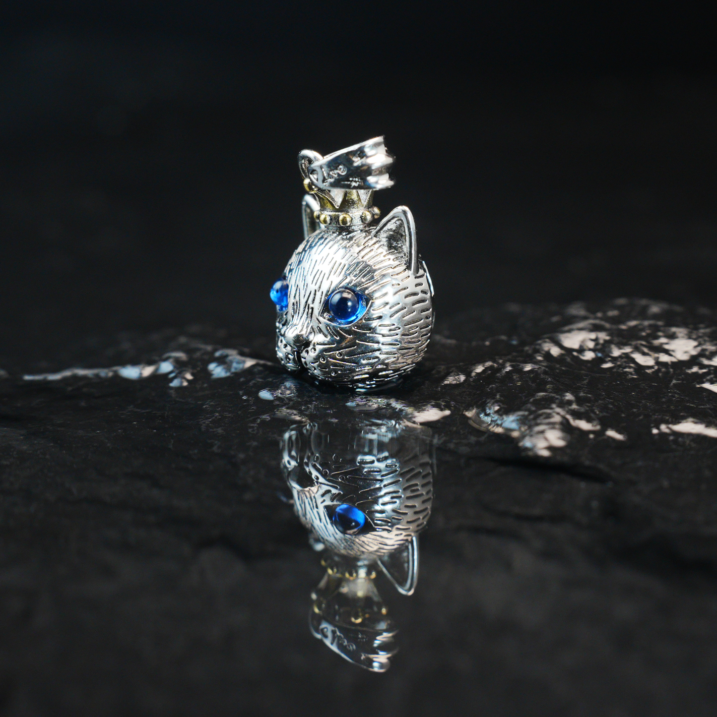 Gothic Royal Cat Pendant, Blue-Eyed Crowned Cat Necklace, Fantasy Animal Jewelry