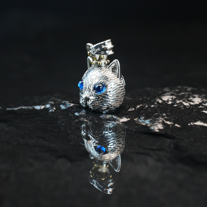 Gothic Royal Cat Pendant, Blue-Eyed Crowned Cat Necklace, Fantasy Animal Jewelry