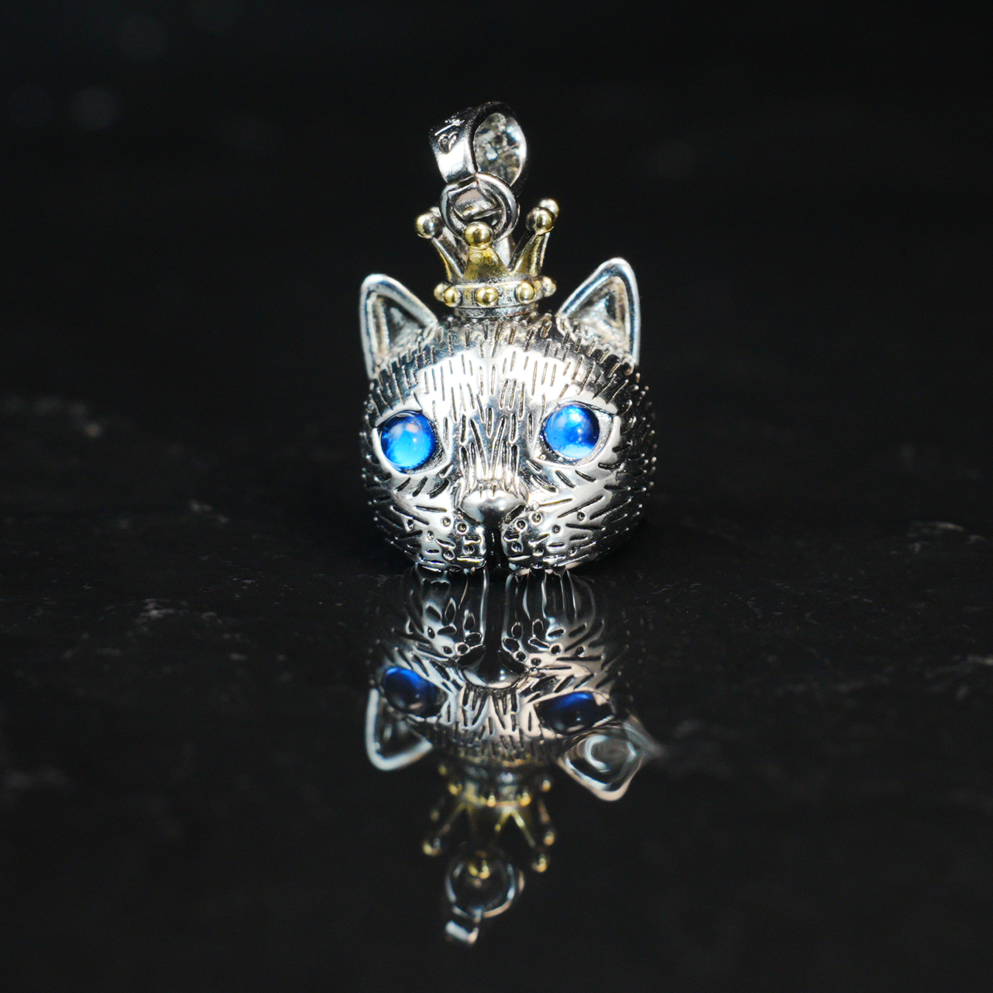 Gothic Royal Cat Pendant, Blue-Eyed Crowned Cat Necklace, Fantasy Animal Jewelry