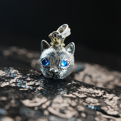 Gothic Royal Cat Pendant, Blue-Eyed Crowned Cat Necklace, Fantasy Animal Jewelry