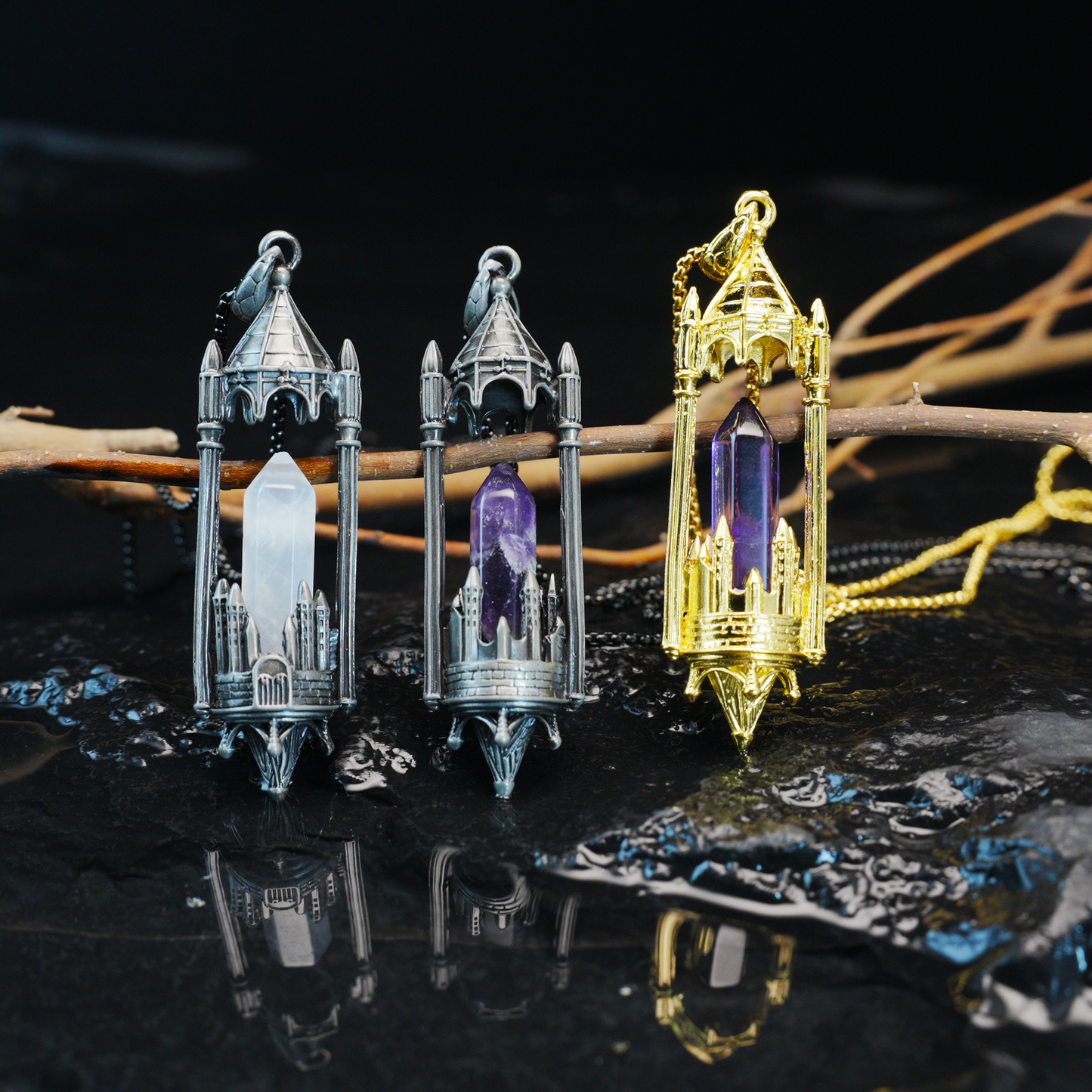 Gothic Cathedral Crystal Pendant Necklace, Medieval Fantasy Jewelry for Protection & Power