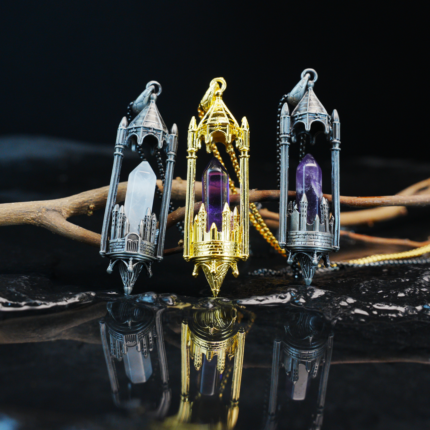 Gothic Cathedral Crystal Pendant Necklace, Medieval Fantasy Jewelry for Protection & Power