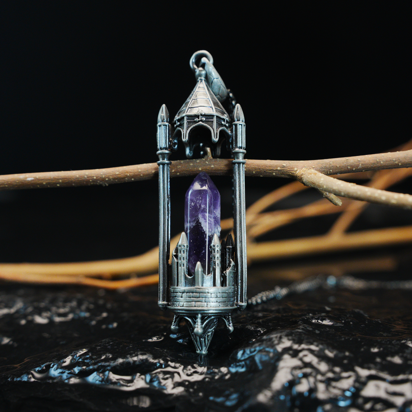Gothic Cathedral Crystal Pendant Necklace, Medieval Fantasy Jewelry for Protection & Power