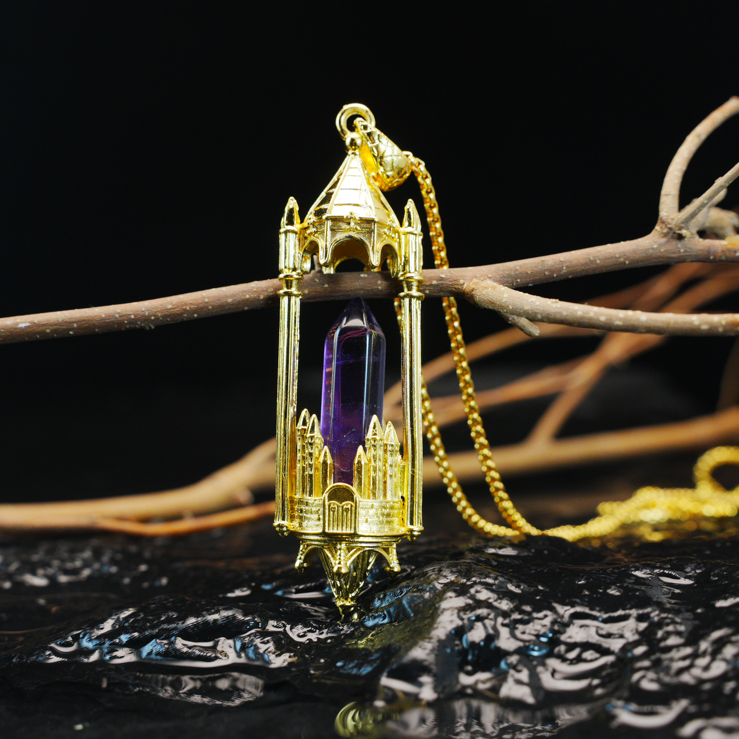 Gothic Cathedral Crystal Pendant Necklace, Medieval Fantasy Jewelry for Protection & Power