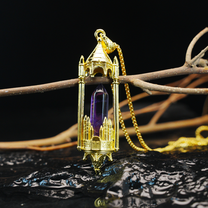 Gothic Cathedral Crystal Pendant Necklace, Medieval Fantasy Jewelry for Protection & Power