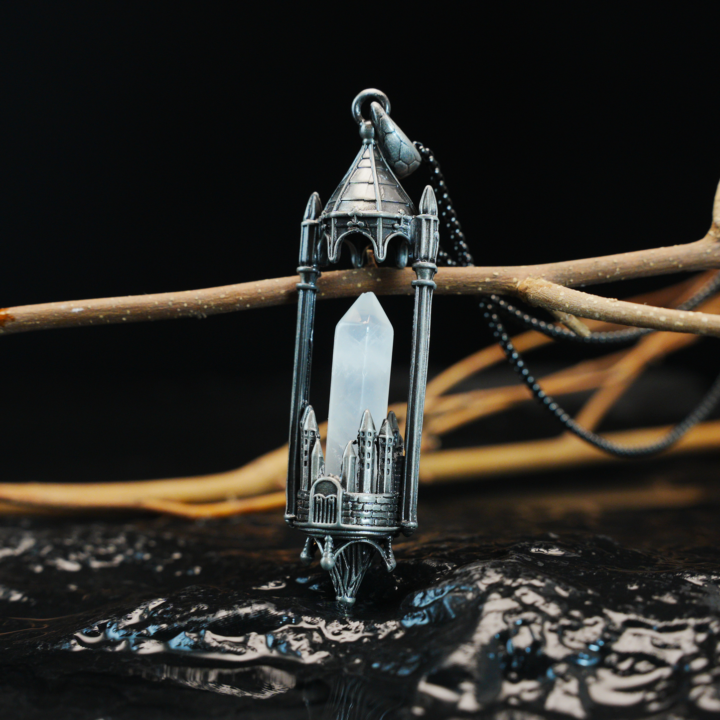 Gothic Cathedral Crystal Pendant Necklace, Medieval Fantasy Jewelry for Protection & Power