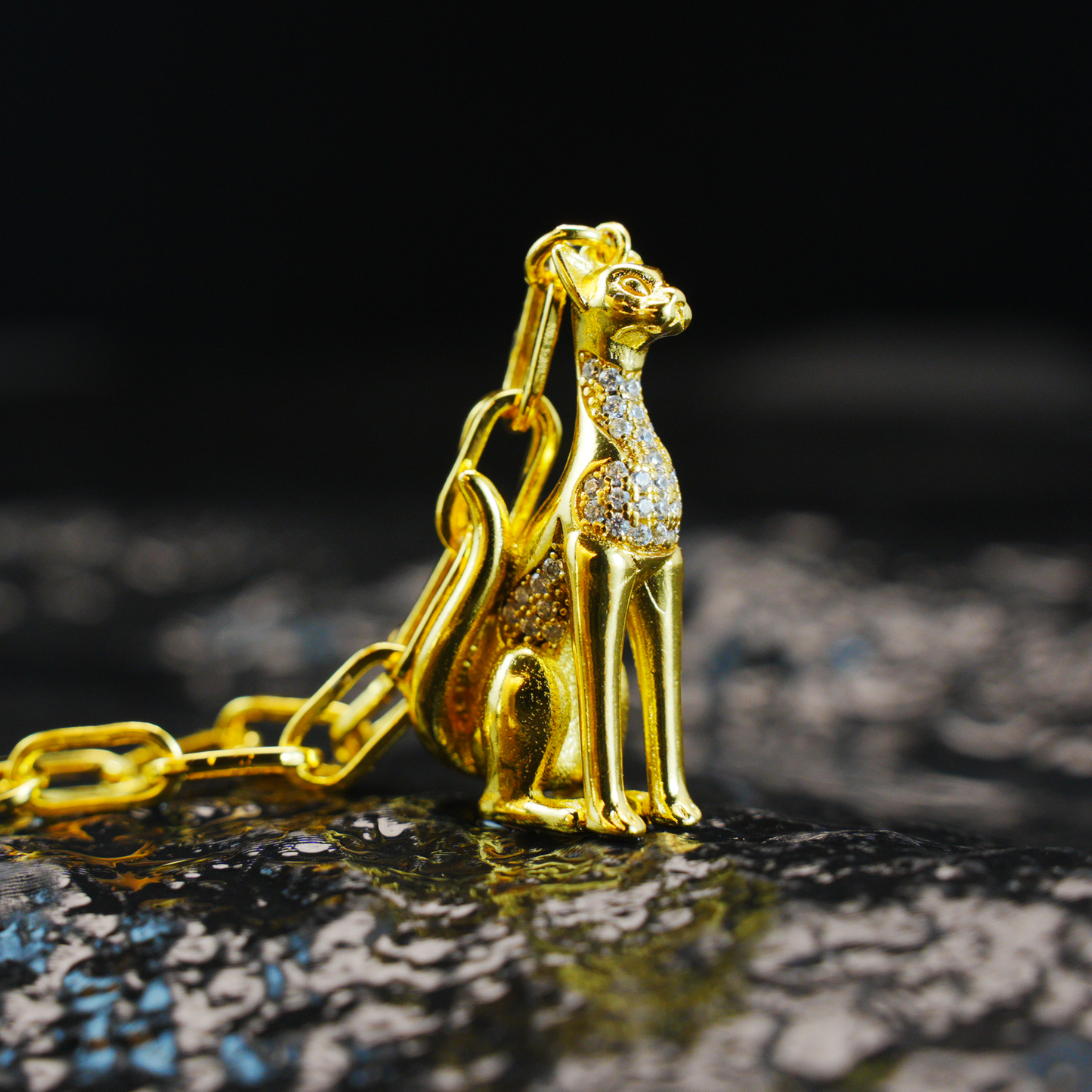 Egyptian Cat Goddess Pendant Necklace Vintage Gold with Crystal Lux Statement Jewelry