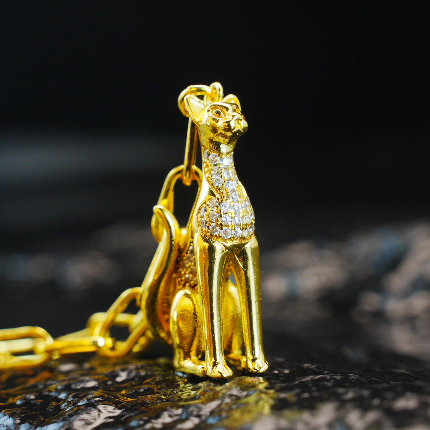 Egyptian Cat Goddess Pendant Necklace Vintage Gold with Crystal Lux Statement Jewelry