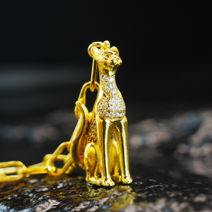 Egyptian Cat Goddess Pendant Necklace Vintage Gold with Crystal Lux Statement Jewelry
