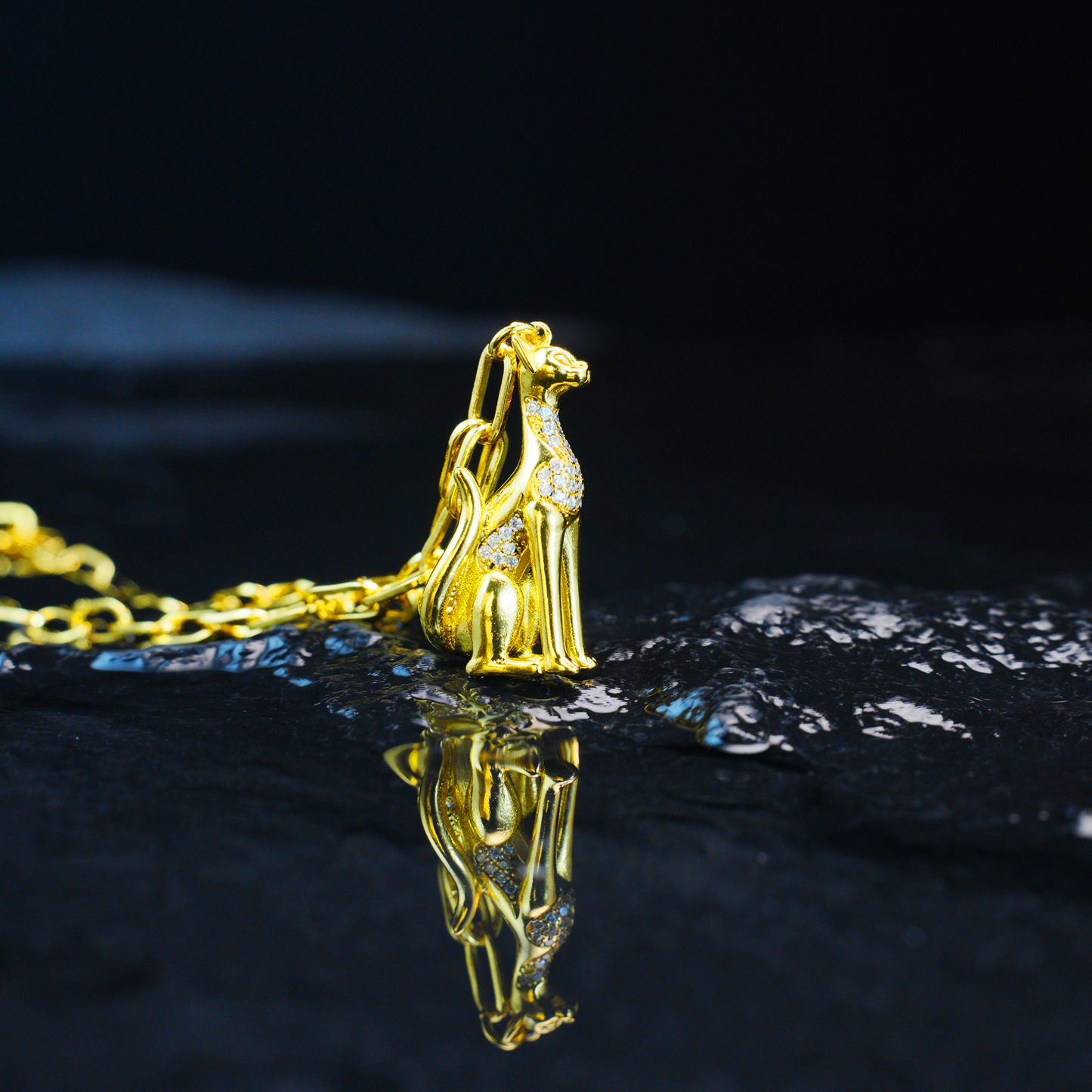 Egyptian Cat Goddess Pendant Necklace Vintage Gold with Crystal Lux Statement Jewelry