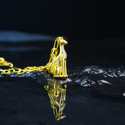 Egyptian Cat Goddess Pendant Necklace Vintage Gold with Crystal Lux Statement Jewelry
