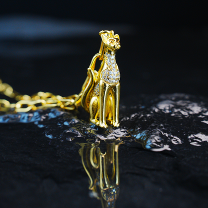 Egyptian Cat Goddess Pendant Necklace Vintage Gold with Crystal Lux Statement Jewelry