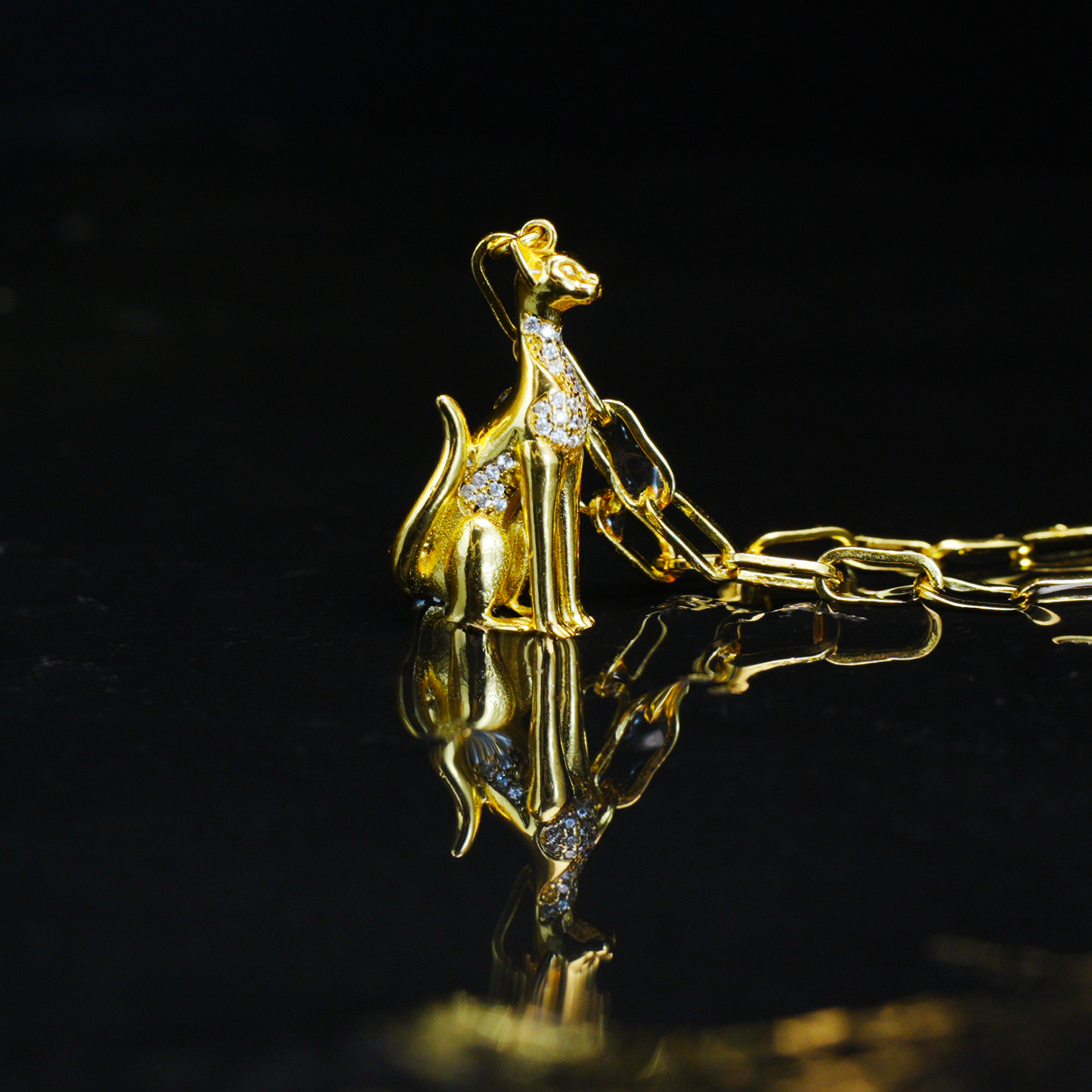 Egyptian Cat Goddess Pendant Necklace Vintage Gold with Crystal Lux Statement Jewelry