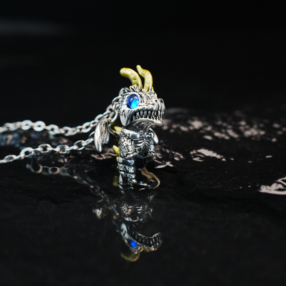 Gothic Drachen Anhänger Halskette, Fantasy Wächteramulett mit blauen Augen, Mythischer Schmuck