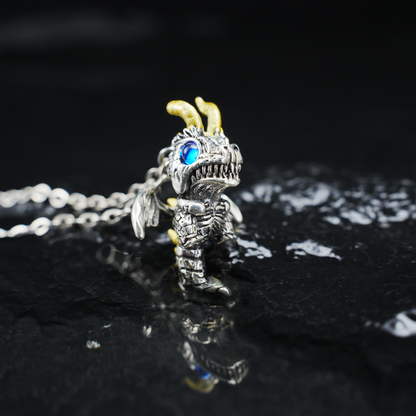 Gothic Drachen Anhänger Halskette, Fantasy Wächteramulett mit blauen Augen, Mythischer Schmuck