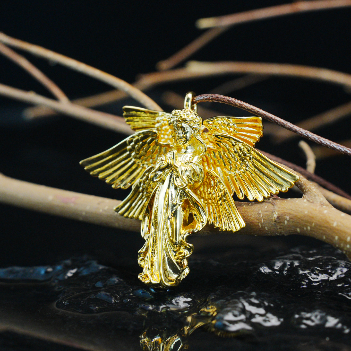 Golden Guardian Angel Pendant, Vintage Winged Angel Necklace, Gothic Religious Jewelry