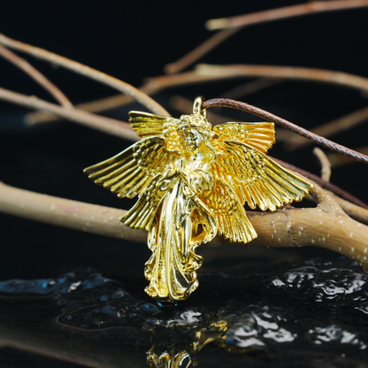 Golden Guardian Angel Pendant, Vintage Winged Angel Necklace, Gothic Religious Jewelry