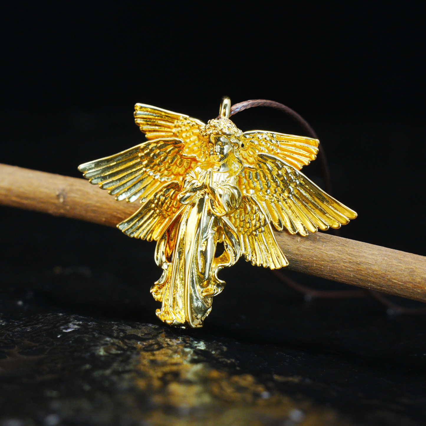 Golden Guardian Angel Pendant, Vintage Winged Angel Necklace, Gothic Religious Jewelry