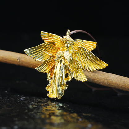 Golden Guardian Angel Pendant, Vintage Winged Angel Necklace, Gothic Religious Jewelry