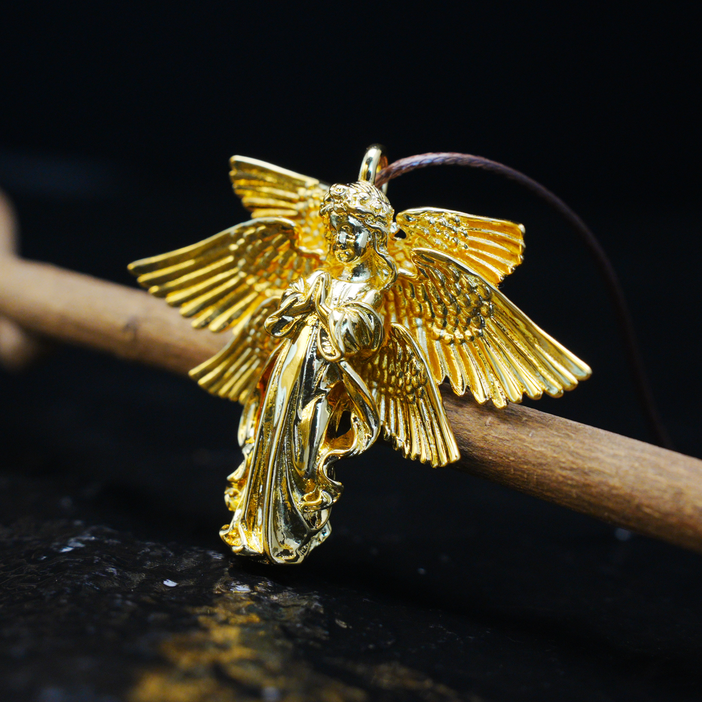 Golden Guardian Angel Pendant, Vintage Winged Angel Necklace, Gothic Religious Jewelry