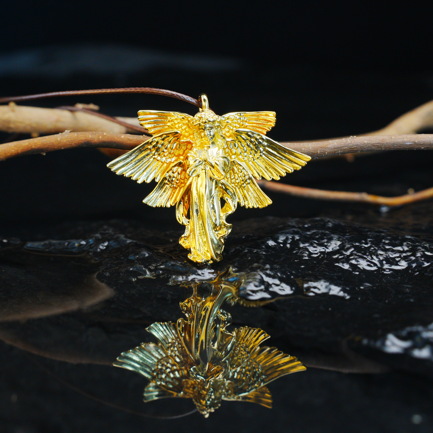 Golden Guardian Angel Pendant, Vintage Winged Angel Necklace, Gothic Religious Jewelry