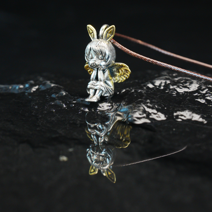 Gothic Bunny Angel Pendant, Fantasy Rabbit Fairy Necklace, Guardian Spirit Jewelry