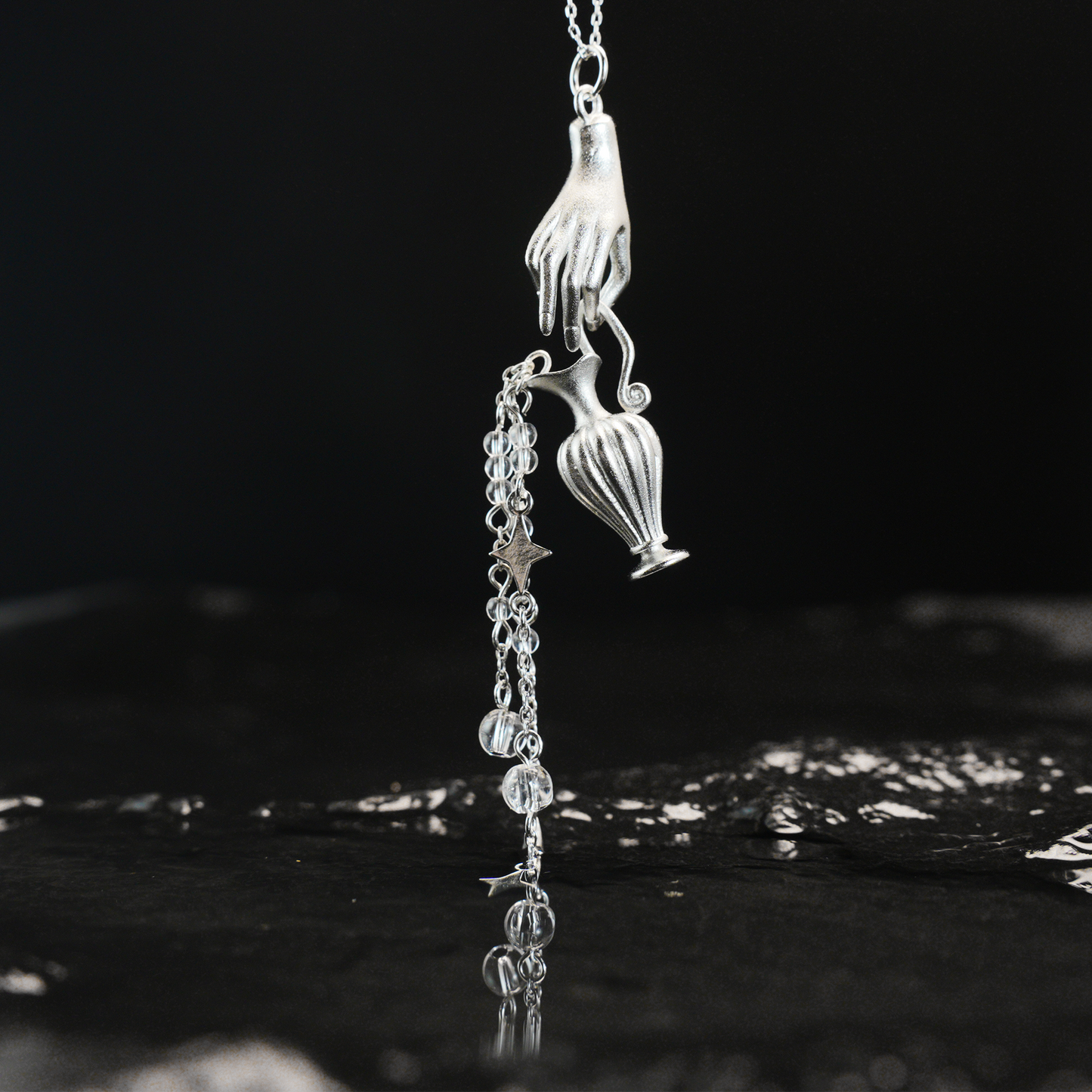 Mythic Hand Holding Vase Necklace with Stars, Vintage Long Pendant, Gothic Statement Jewelry Gift