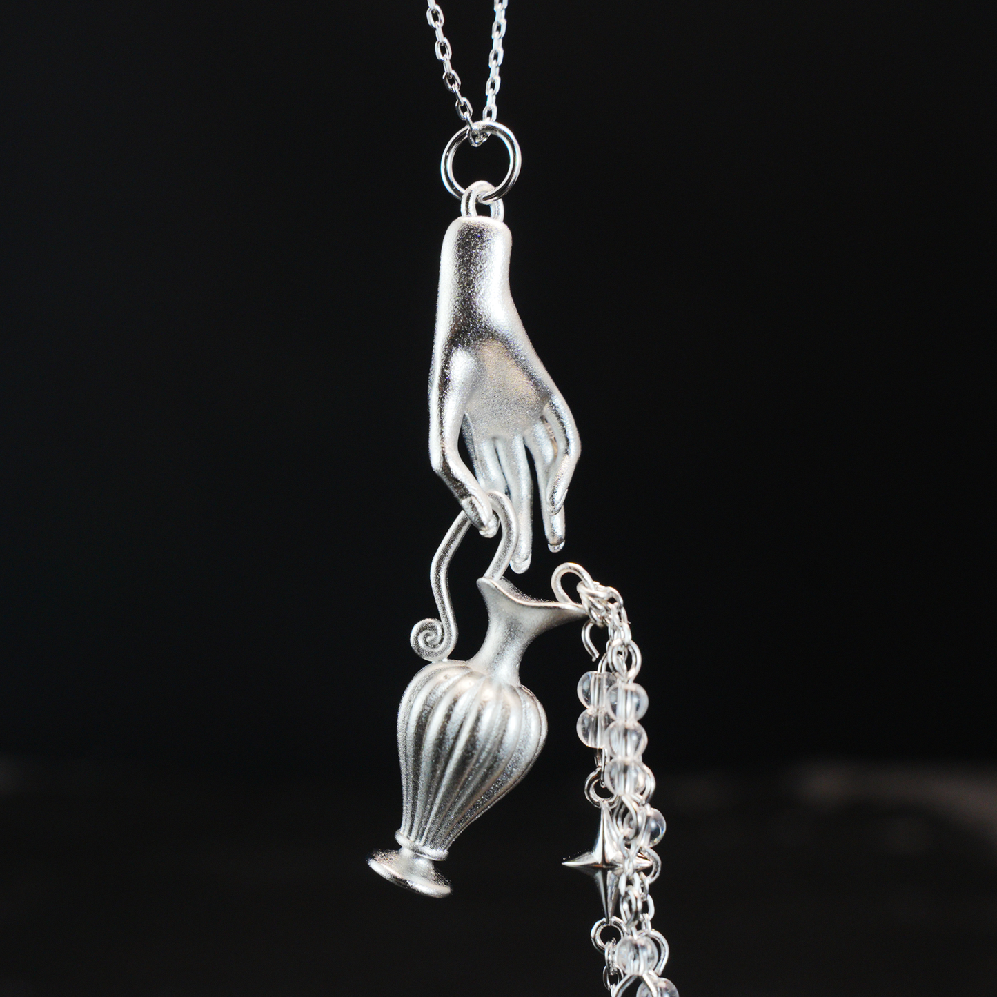 Mythic Hand Holding Vase Necklace with Stars, Vintage Long Pendant, Gothic Statement Jewelry Gift